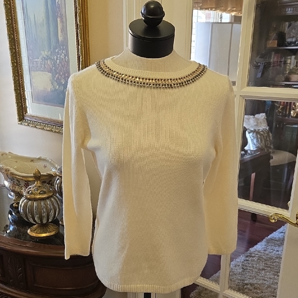 Talbots Cream Sweater Cashmere Wool Blend Silver Gold Bead trim 3/4 slv MP NEW